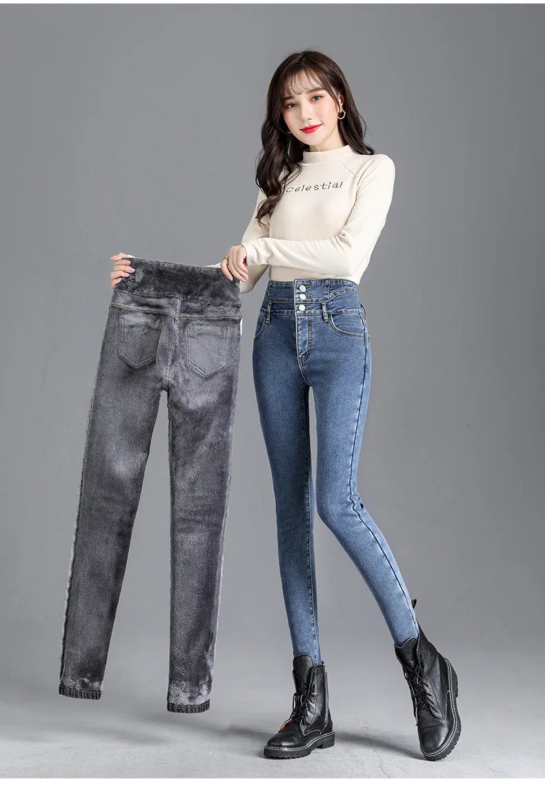 Thermal Winter Thick Fleece High-waist Warm Skinny Jeans Thick Women Stretch Button Pencil Pants Mom Casual Velvet Jeans