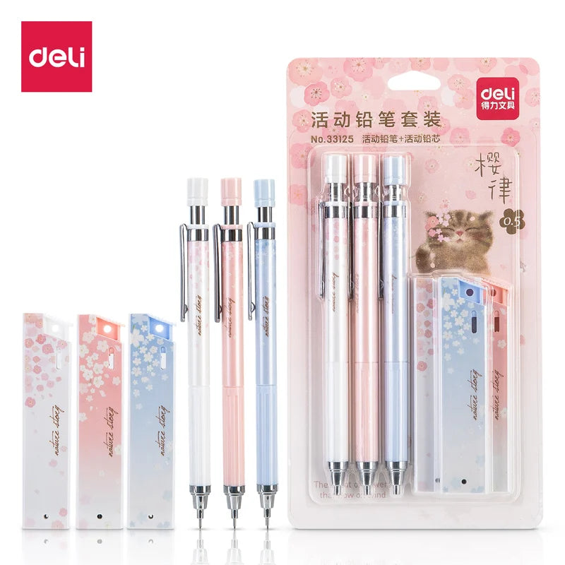 DELI Mechanical Pencil Set With HB Lead Replacement Retractable Pencils Refill for Students Stationery