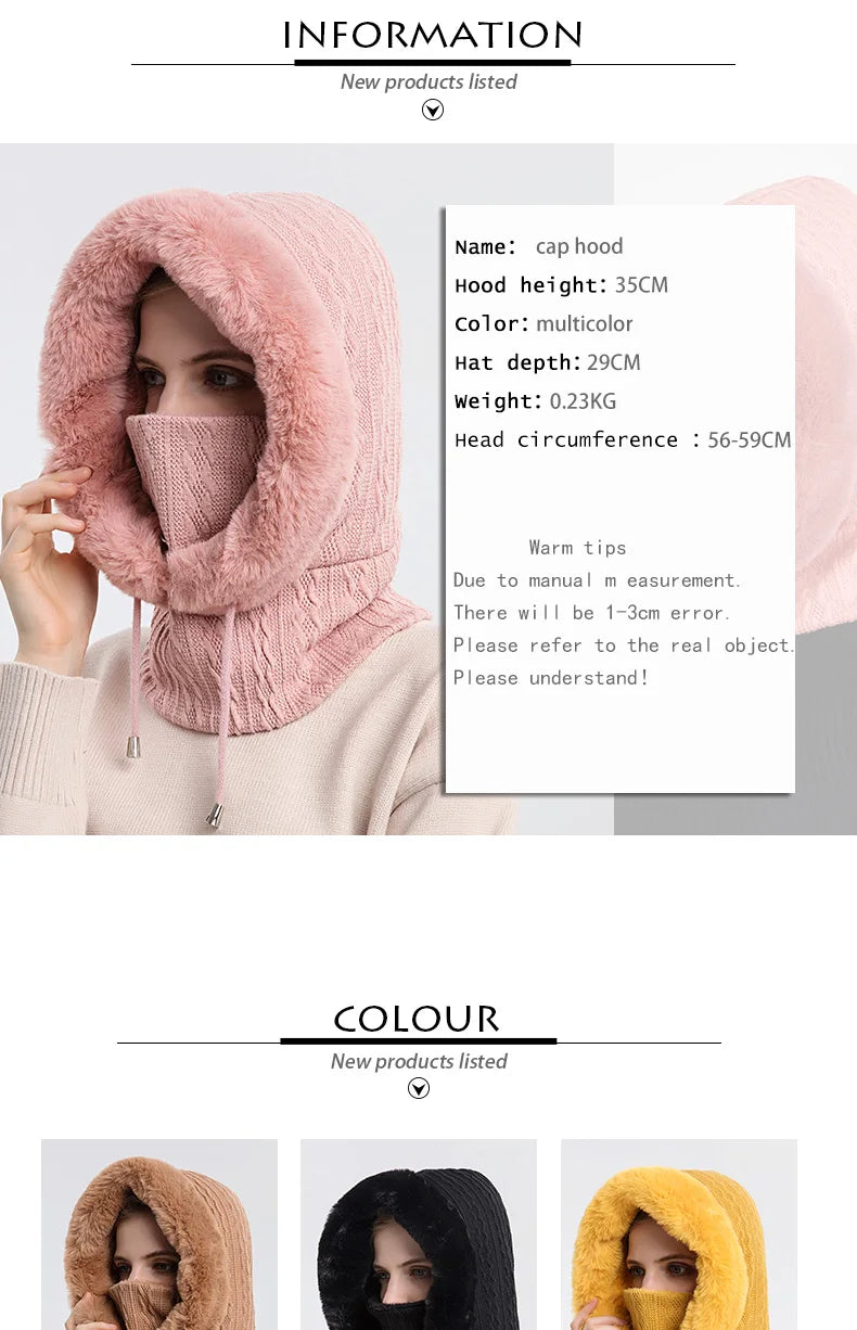 Winter Fur Cap Mask Set Hooded for Women Knitted Cashmere Neck Warm Balaclava Ski Windproof Hat Thick Plush Fluffy Beanies hood