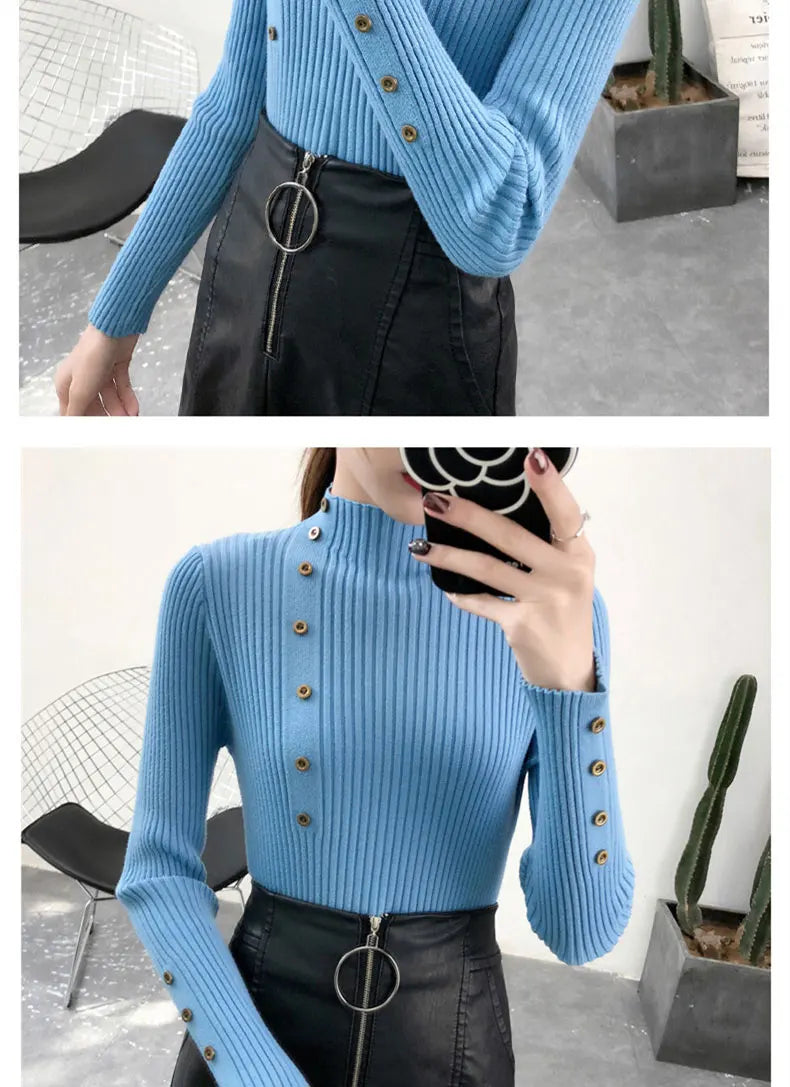 2023 Women Autumn Knitted Slim Sweaters Solid Knitted Female Cotton Soft Elastic Color Pullovers Button Full Sleeve Turtleneck