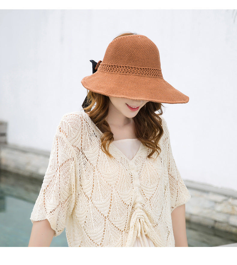 women's vacation solid color bowknot big eaves sun hat