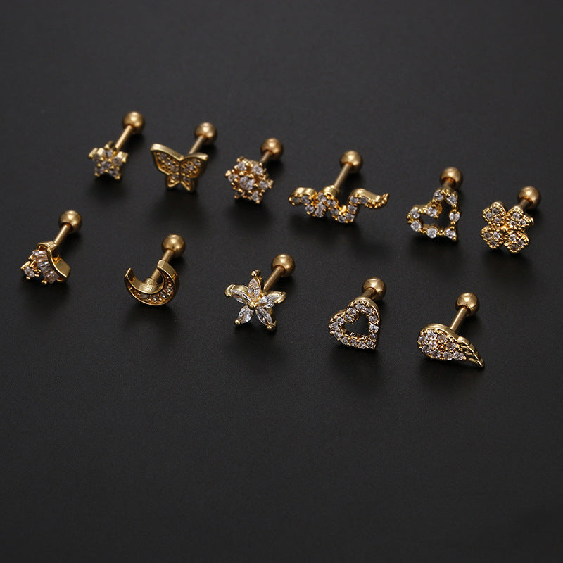 1 piece fashion heart shape inlay stainless steel zircon ear studs