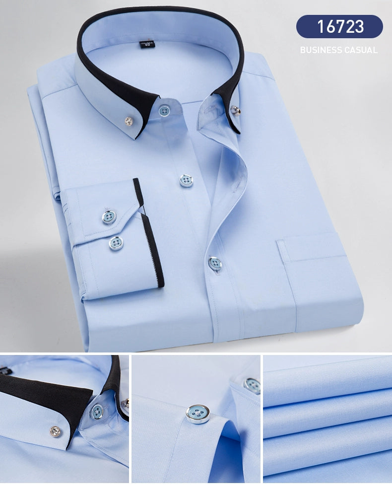 Hot Sale Men's Business Dress Shirts long Sleeve Contrast Collar Social Camisa With Diamond Anti-wrinkle Button Down Black Blue