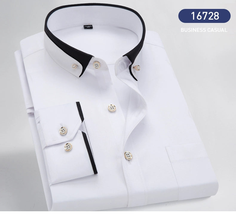 Hot Sale Men's Business Dress Shirts long Sleeve Contrast Collar Social Camisa With Diamond Anti-wrinkle Button Down Black Blue