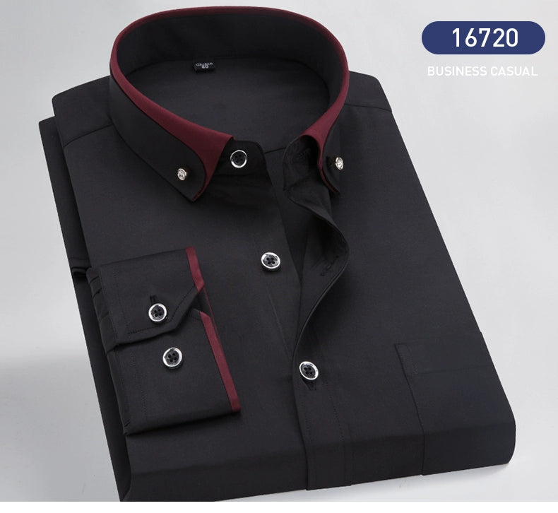 Hot Sale Men's Business Dress Shirts long Sleeve Contrast Collar Social Camisa With Diamond Anti-wrinkle Button Down Black Blue