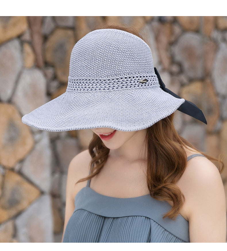 women's vacation solid color bowknot big eaves sun hat