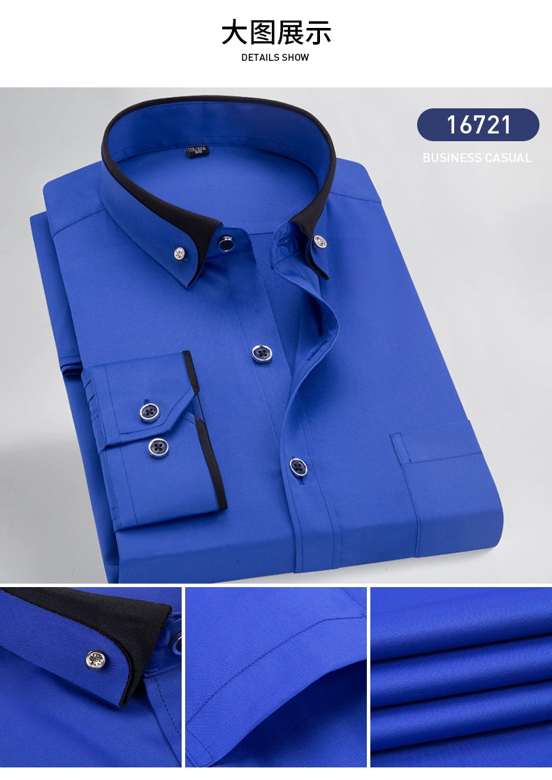 Hot Sale Men's Business Dress Shirts long Sleeve Contrast Collar Social Camisa With Diamond Anti-wrinkle Button Down Black Blue