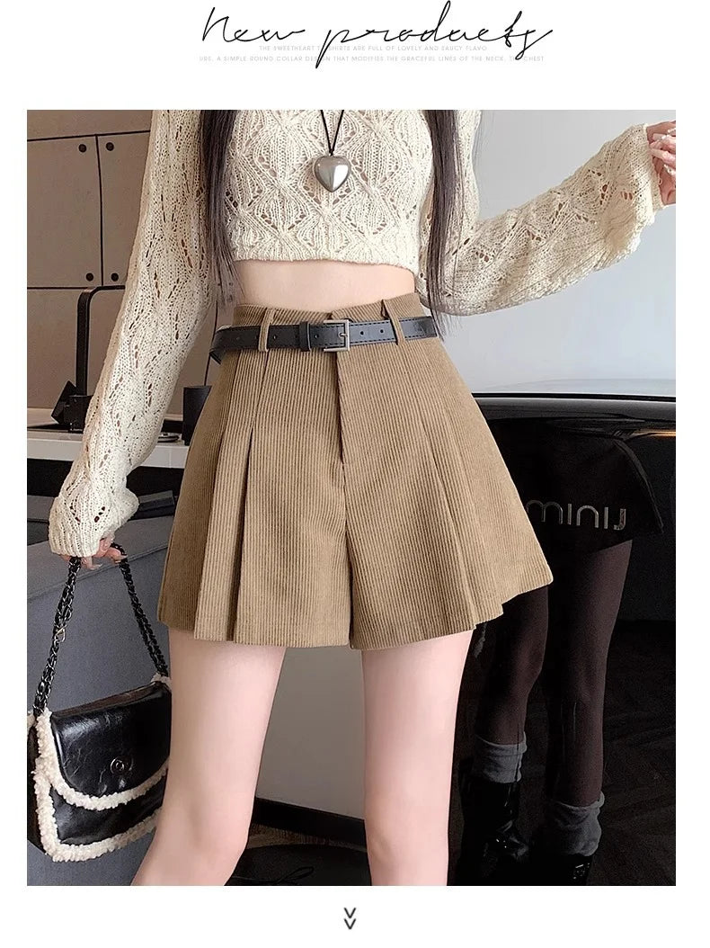 Corduroy Velvet Women Shorts Autumn Winter High Waist Slim Flared Trousers Fashionable Temperament A- crotch Boots