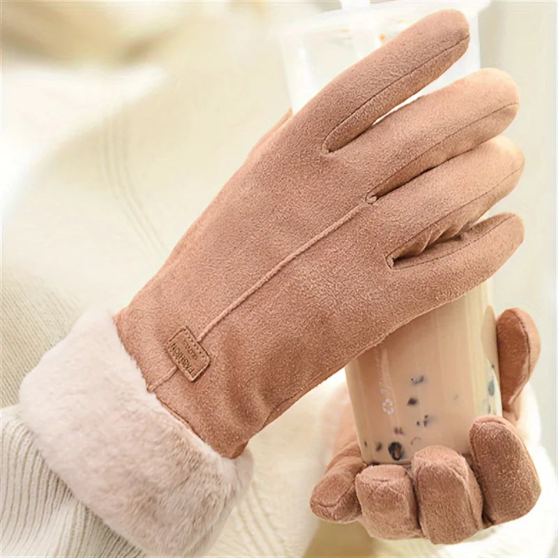 Women Winter Thick Plush Leather Gloves Fashion Winter Warm Skiing Outdoor Women Gloves Lady Elegant Casual Touch Screen Gloves