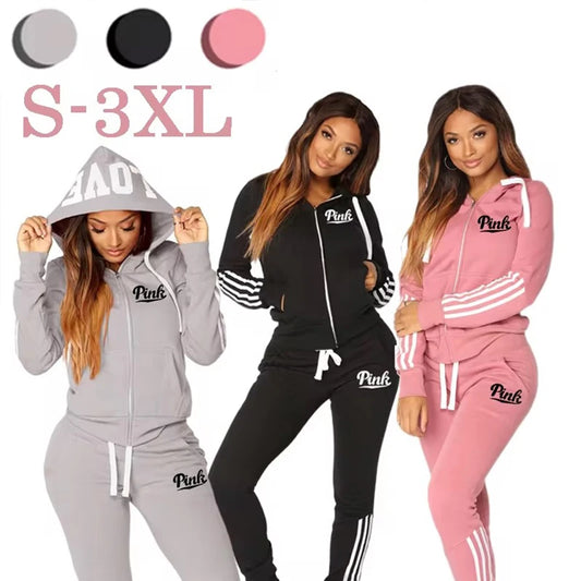 2024 Fashions Women's Zipper Sports Jogging Suit Three Stripe Letter Hoodie+Pants Two Piece Sets Sports High Waist Gym Tracksuit