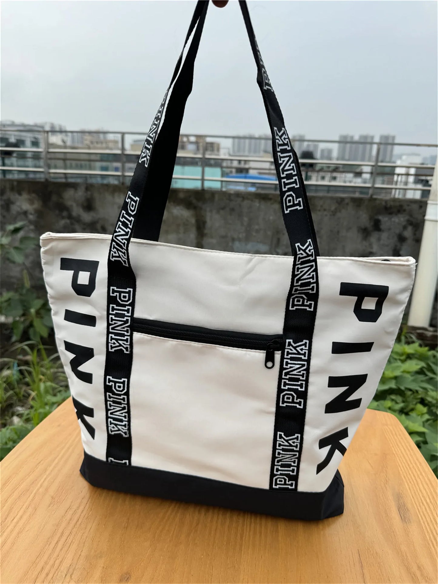 Sports Fitness Tote Bag Nylon Fabric Bags Women Handbag Pink Letter Graphic Tote Handbags Woman Shoulder Bags Casual