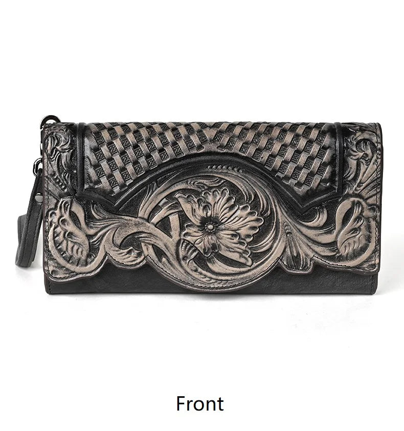 Floral Genuine Leather Wallet Women Handmade Real First Layer Cow Leather Clutch Bag Large Female Card Holder Purse