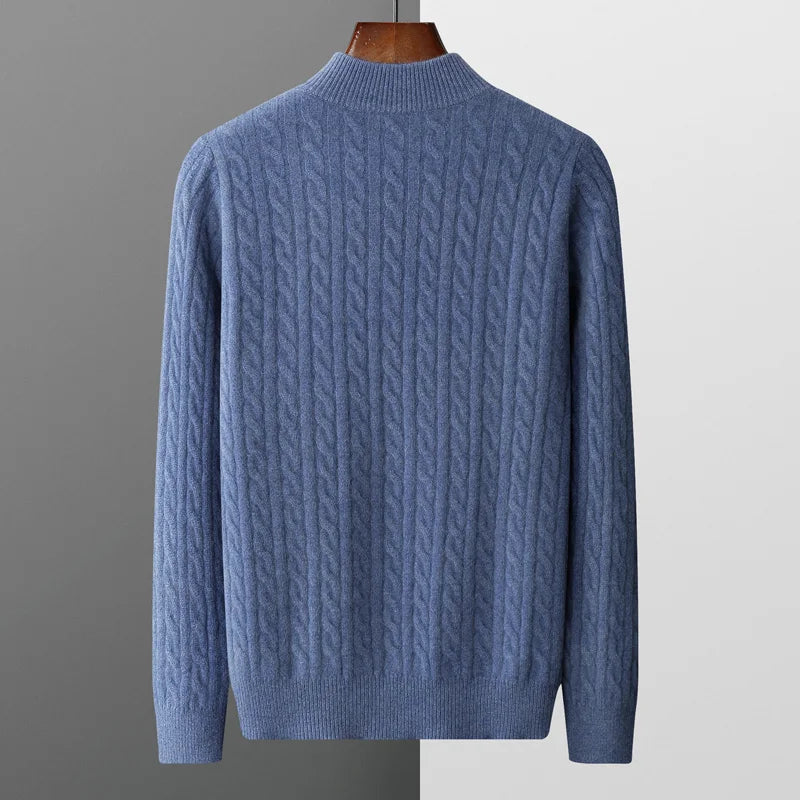 Pull en cachemire 100 % laine mérinos pour homme, automne et hiver, épais, torsadé, col zippé, chemise basse, pull en tricot grande taille