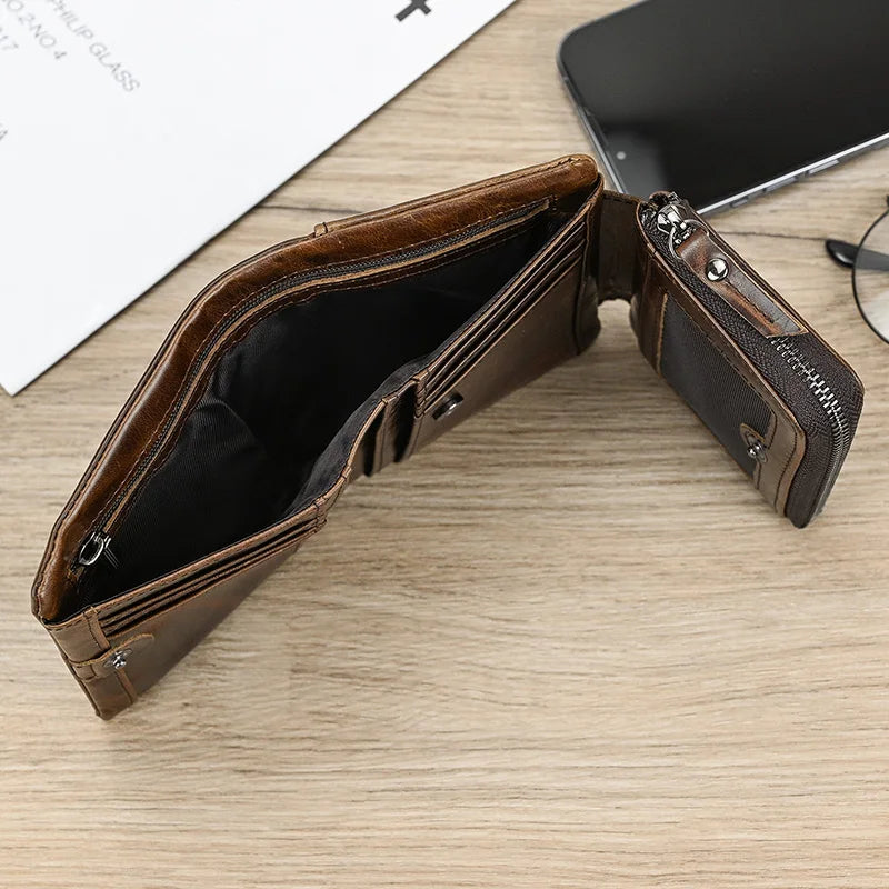 Leather Men‘s Short Wallet Hasp Genuine Leather Unisex Zipper Coin Clutch Purse Cowhide Card Holder Trifold Man wallets