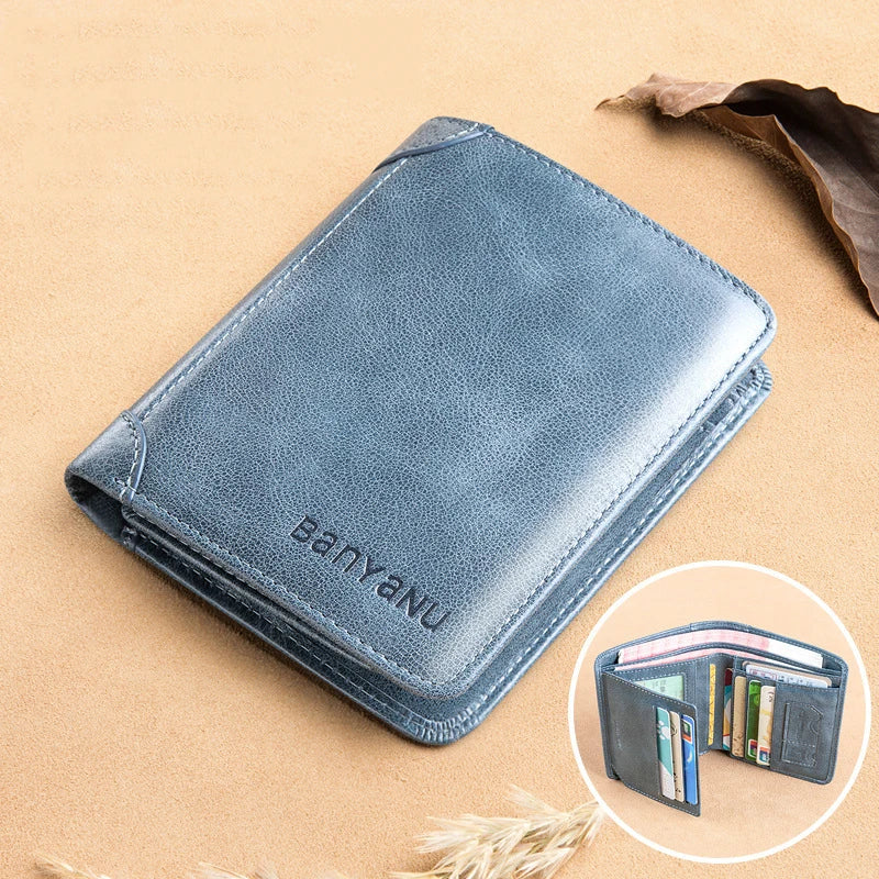 Genuine Leather Rfid Protection Wallets for Men Vintage Thin Short Multi Function ID Credit Card Holder Money Bag