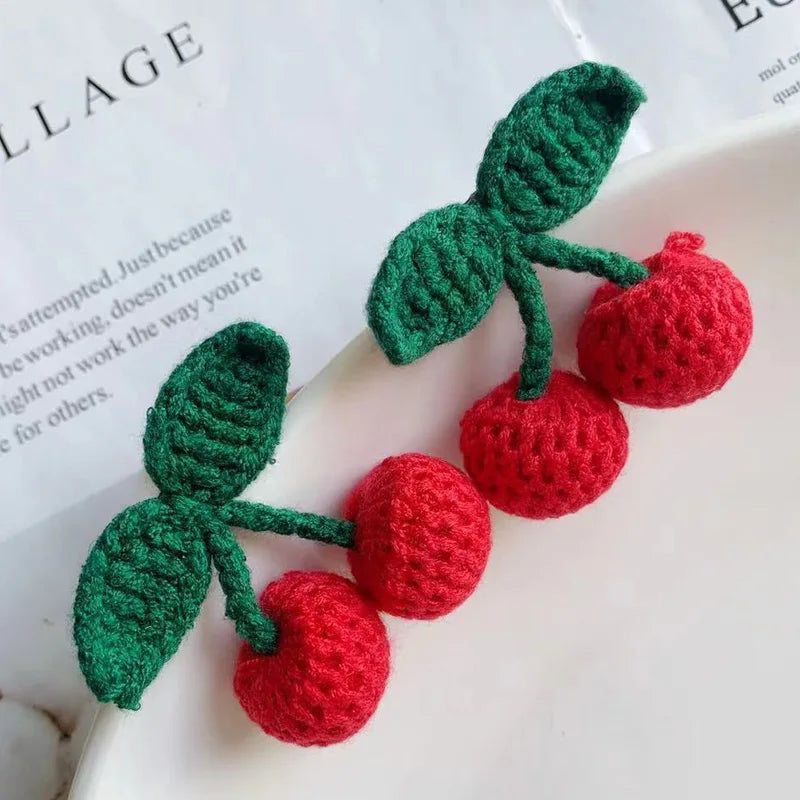 1pc Cute Red Cherry Wool Knitted Hair Clip Sweet Hair Crocheted Tie Hair Accessories Baby Princess Headdress