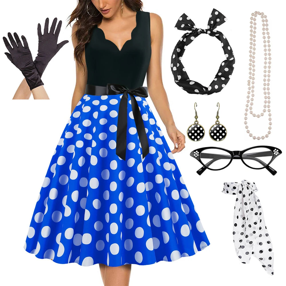 Women's A-Line Rockabilly Dress Polka Dots Swing Dress Flare Dress with Accessories Set 1950s 60s Retro Vintage