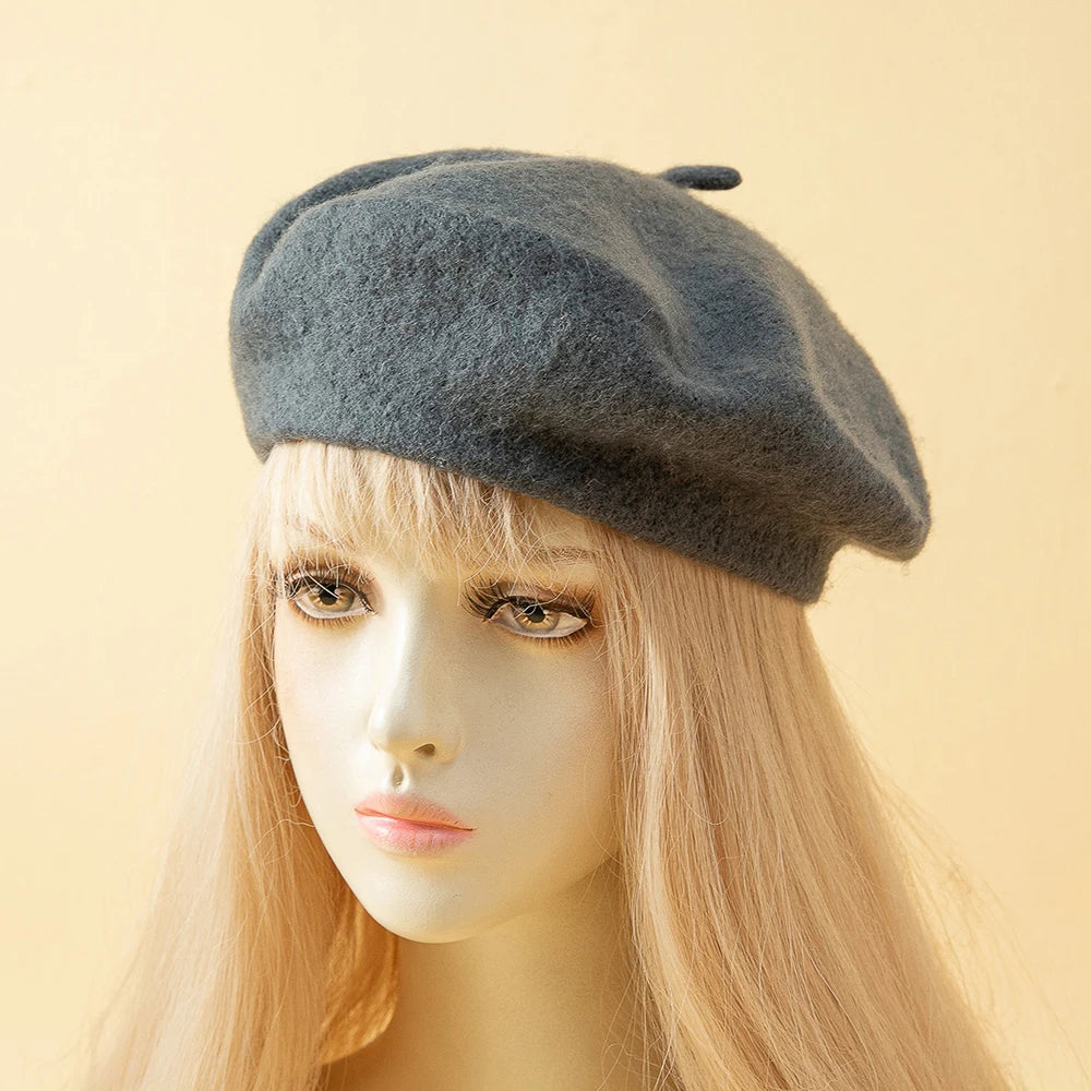 Beret Women's Fashion Retro Casual Wool Beret Artist Hat Wool Versatile Knitted Round Top Bud Hat Warm Hat