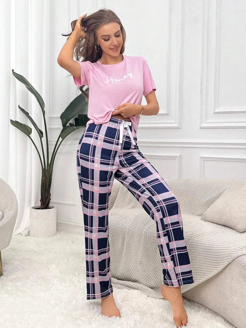 Women Pajama Set Super Soft Cotton Short Sleeve Pink Tops With Long Pants  Two Pieces High Quality Sexy Lingerie Homewear Set