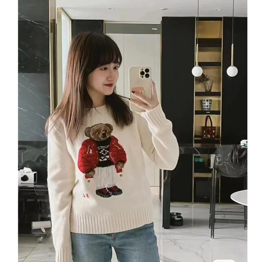 R Family Bear New Pinkish Red Jacket Daily Wear Soft Comfortable Pure Wool Material Youth-enhancing Crew Neck Pullover