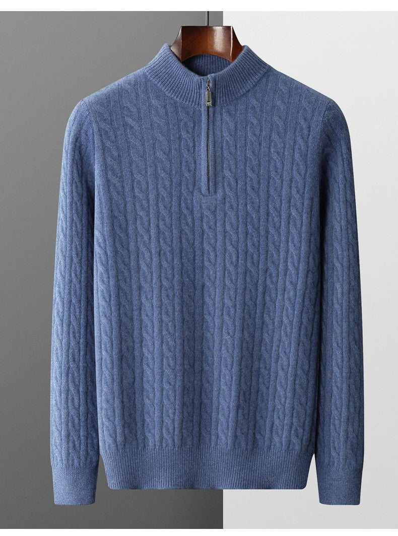 Pull en cachemire 100 % laine mérinos pour homme, automne et hiver, épais, torsadé, col zippé, chemise basse, pull en tricot grande taille