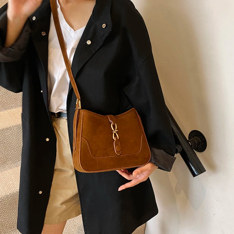 Winter Trendy Frosted PU Leather Shoulder Bag for Women Quiet Luxury Burgundy Bag Lady Solid Color Crossbody Bags Suede Purse