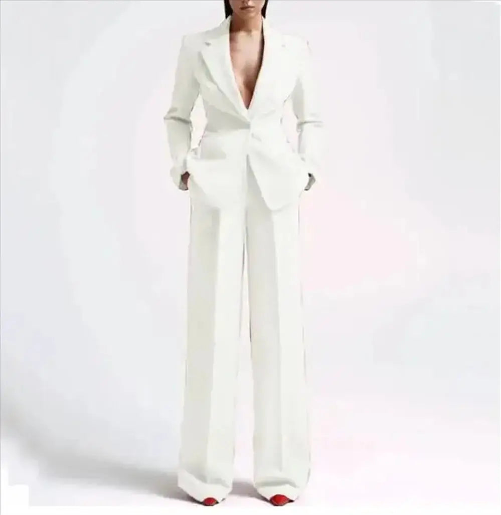 2024 Single Button Blazer+Wide Leg Pants Suit Sets For Women Solid V Neck Loose Casual Female Pantsuit conjunto femininos