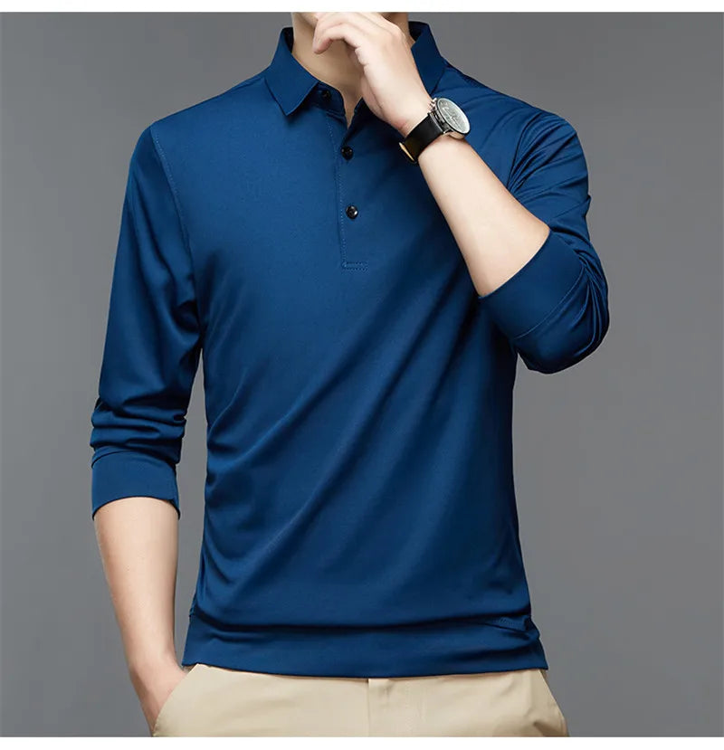 Fashion Men New Business Solid Polo Shirts Spring Autumn Thin Long Sleeve Button Lapel Male Clothing Loose Casual T-Shirt Tops