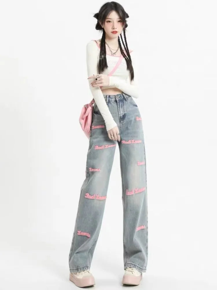 Loose Embroidered High-waist Women Jeans Spring Season Design Letter Straight Crotch Pants Slim Fit Dragging Long Pants