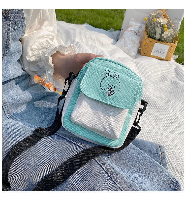 Ladies Fashion Canvas Small Square Bag Korean Version Multifunctional Cute Dog One-shoulder Diagonal Mobile Phone Package