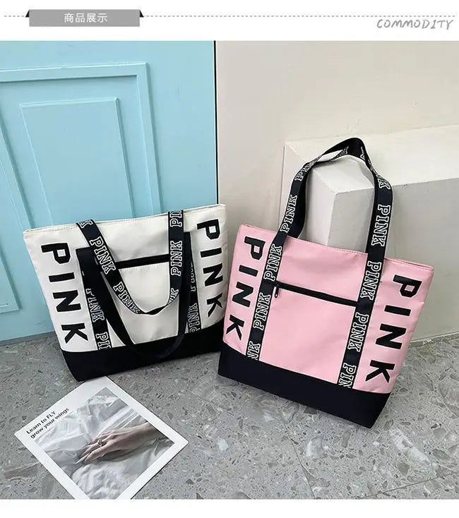 Sports Fitness Tote Bag Nylon Fabric Bags Women Handbag Pink Letter Graphic Tote Handbags Woman Shoulder Bags Casual