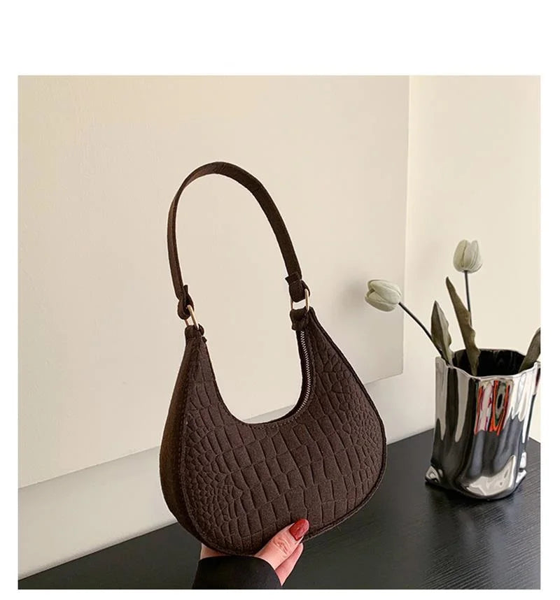 Retro Women Shoulder Bag Handbag Pure Felt Fashion Leisure Underarm Bag Crescent Saddle Bag For Ladies Advanced Armpit Bag