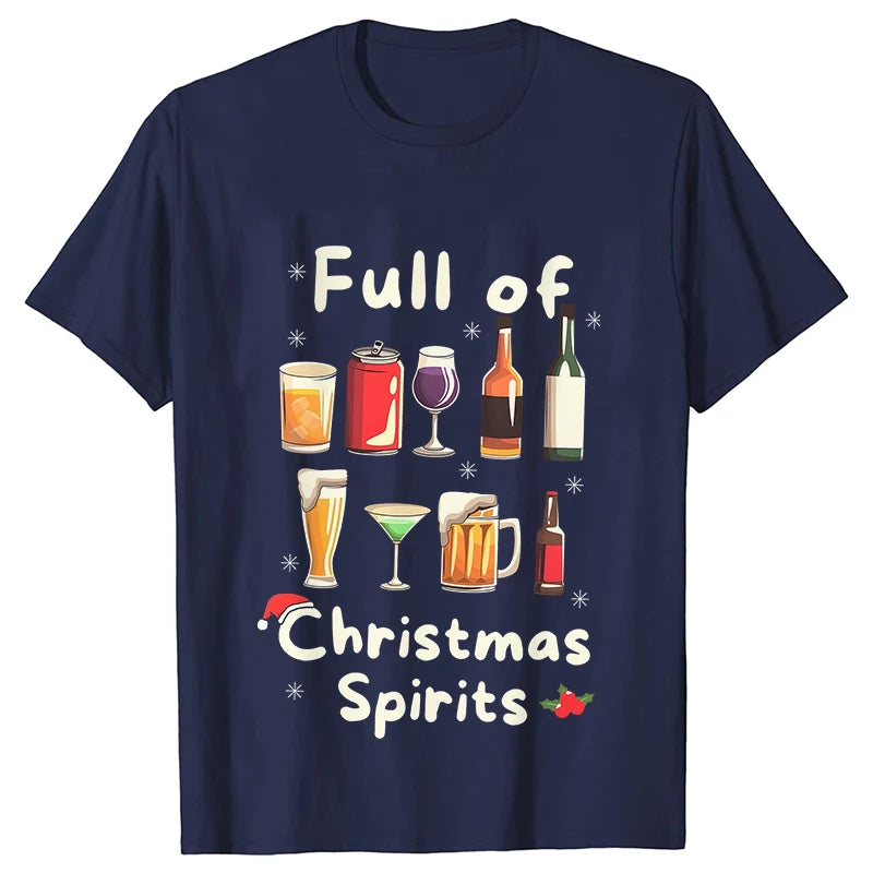 Funny Christmas Party T-Shirt Full of Christmas Spirits Tees Merry Xmas Drinking Gift for Men Clothing Casual Short Sleeve Tops