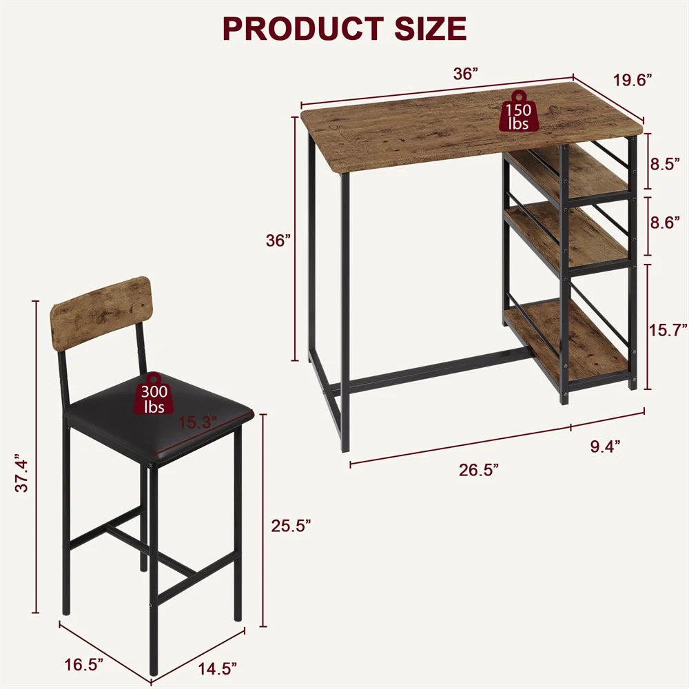 Dining Table Set, Bar Table and 2 x Chairs, Kitchen Table Set with 2 Upholstered Chairs, 3 Large Storage Shelves, Pub Table Set