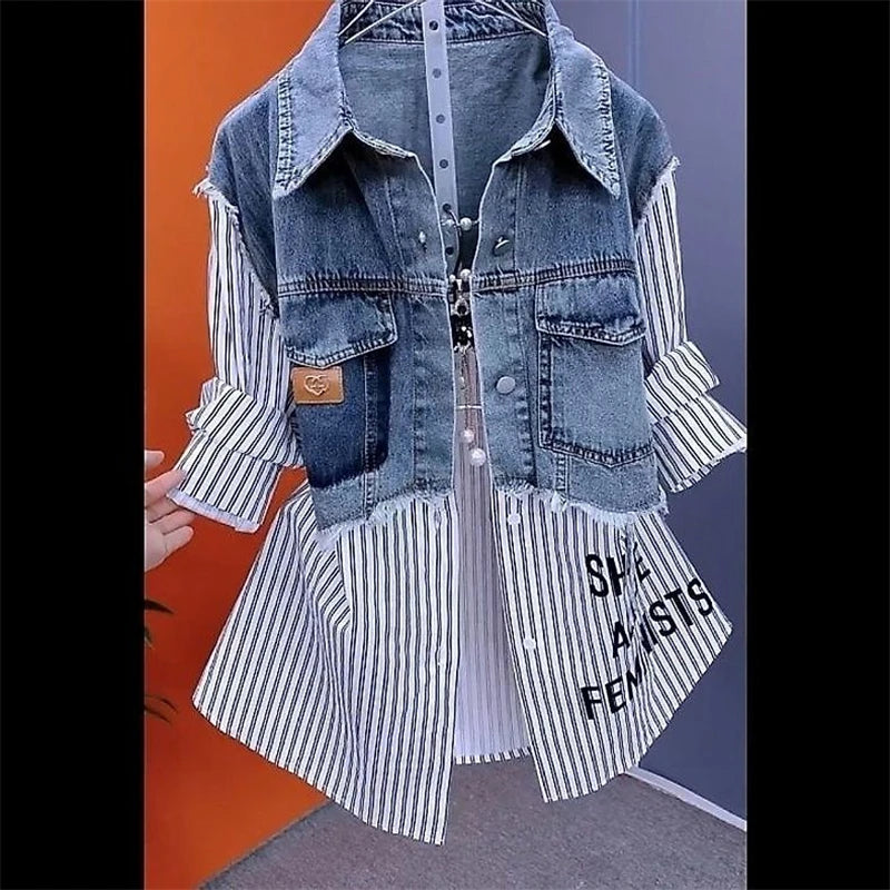 Nouvelle veste en jean épissé pour femmes printemps automne mode coréenne chemise en jean hauts vestes en jean décontractées coupe-vent pour femmes