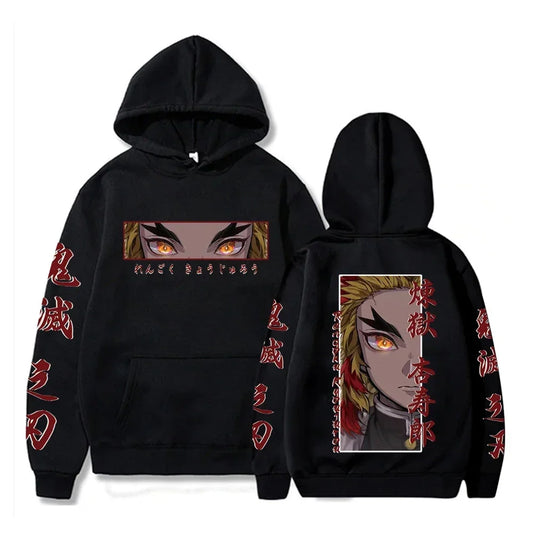 Hot Anime  Demon Slayer Hooded Rengoku Kyoujurou Eyes Graphic Print Autumn Winter Men Women Casual Sweatshirt Plus Size Hoodie