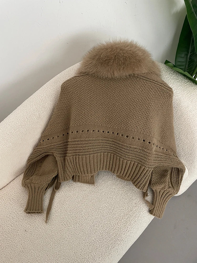 New Knitting Cardigan 2024 Winter Women Knitted Jacket with Natural Fur Placket Coat Casual Real Fox Fur New Fashion Short Warm