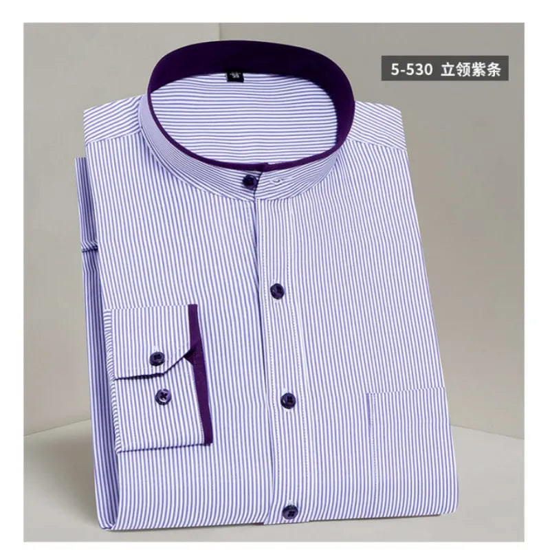 Stand Collar Shirt Men's Long Sleeve Chinese Style Tang Suit Breathable Anti-Wrinkle Easy Care Business Casual Dress Shirts