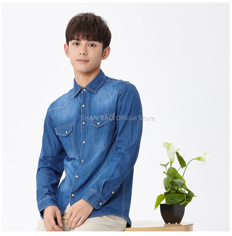 SHAN BAO classic brand double pocket button 100% cotton denim shirt 2022 spring high quality men's slim long-sleeved shirt