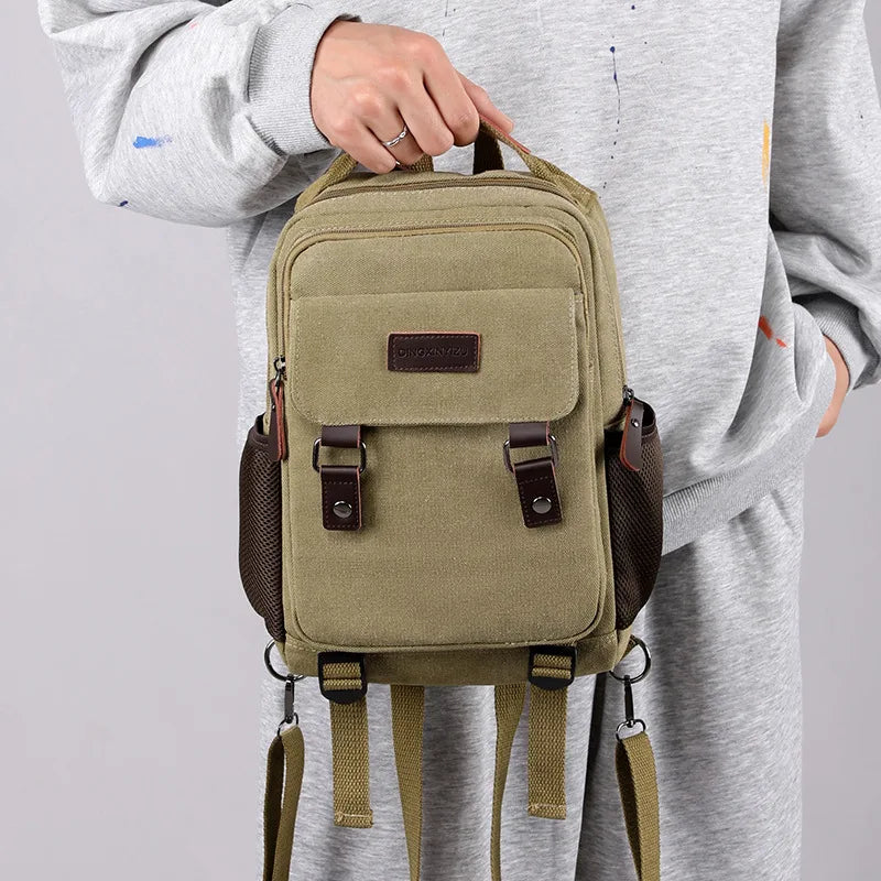 Small Mens Backpack Canvas Casual Backpacks for Men 2024 Mini Male School Bag Rucksack Man Multi-function Crossbody Bag Travel