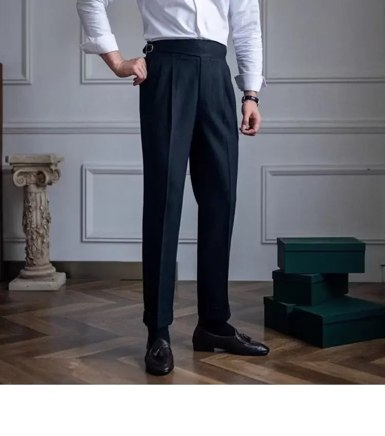 Spring Autumn White Men's Trousers Business Casual Cropped Pants Paris Button Trendy Italian Style