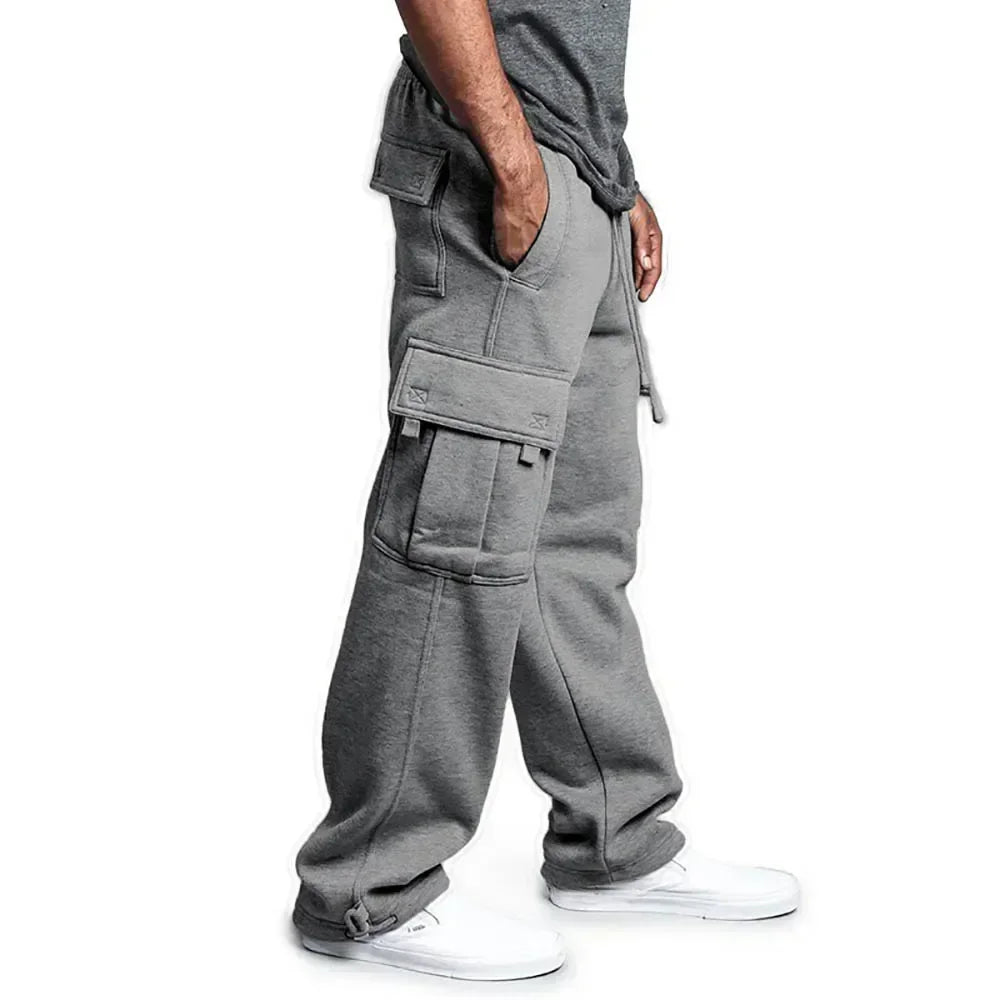 Men Cargo Jogger Pants Autumn Winter Fleece Sweatpants Loose Trousers Multi Pocket Overalls Hip Hop Streetwear Cargo Long Pants