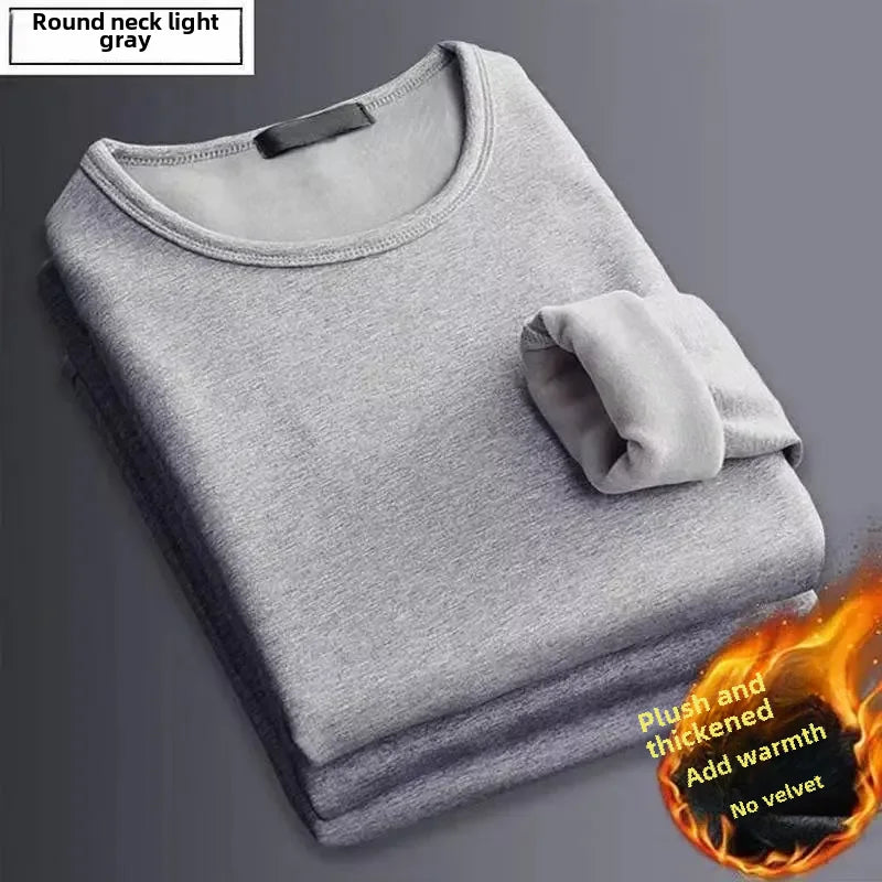 Men's Long Sleeve T-shirt Warm Fleece-lined Thickened Round Neck Slimming Base Layer Top Solid Color Inner Layer Autumn Sweater