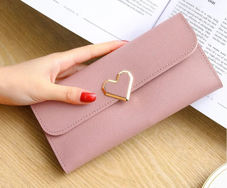 2024 Women Tri-Fold Wallet Metal Heart Pattern Girls Money Pocket Card Holder Luxury Designer Phone Clutch Fashion Card Holder