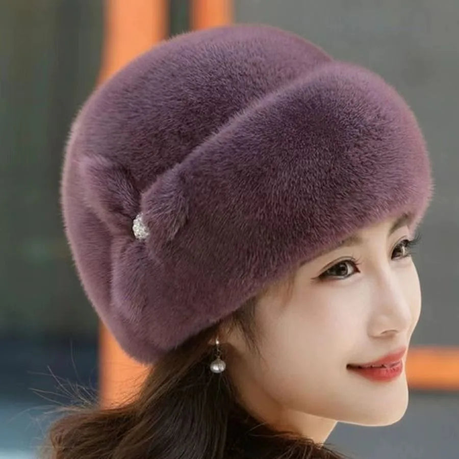 New Mom Style Hat Women's Winter Artificial Mink Hair Top Hat Fashion Leather Warm Hat Middle-Aged and Elderly Fur Bag Cap Trend