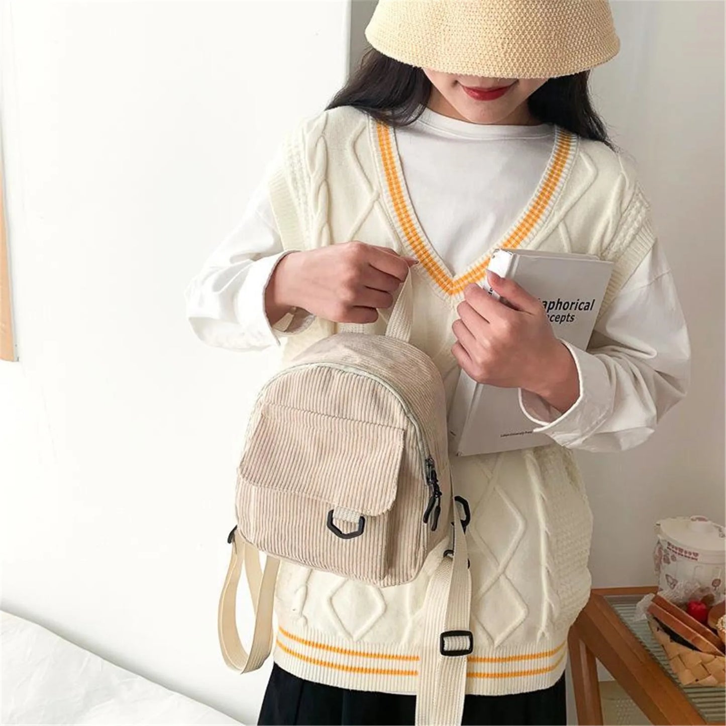 Women's Mini Backpack Fashion Solid Color Corduroy Small Simple Casual Traveling Large Capacity Female's Schoolbag