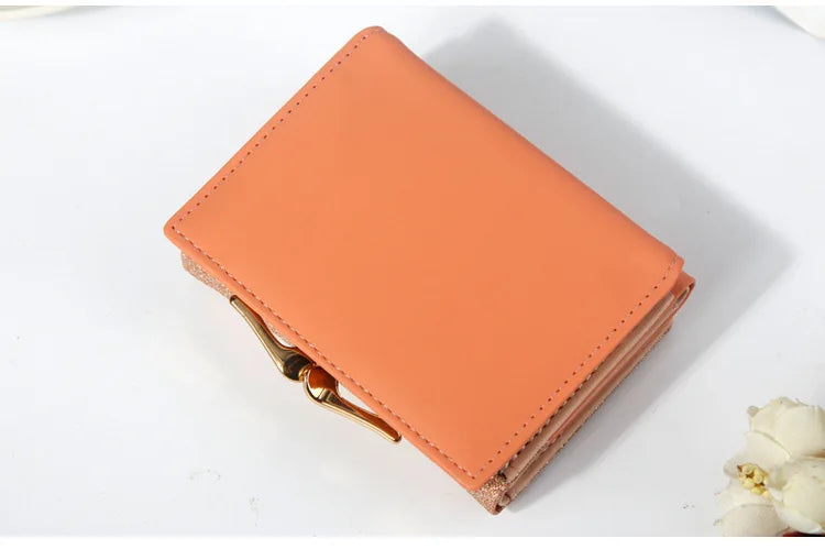 Metal Buckle Ladies Bright Leather Fashion Purse,Women's Short Wallet, Small Shiny Leather Three Fold Leather Wallet Billfold