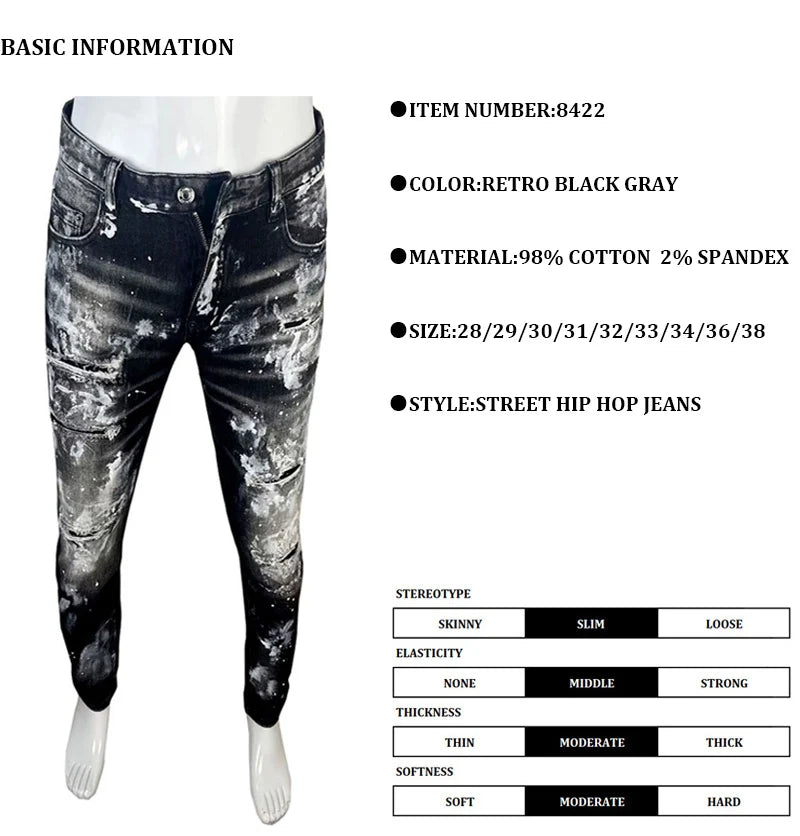 High Street Fashion Men Jeans Retro Black Gray Stretch Skinny Fit Ripped Jeans Men Painted Designer Hip Hop Brand Pants Hombre