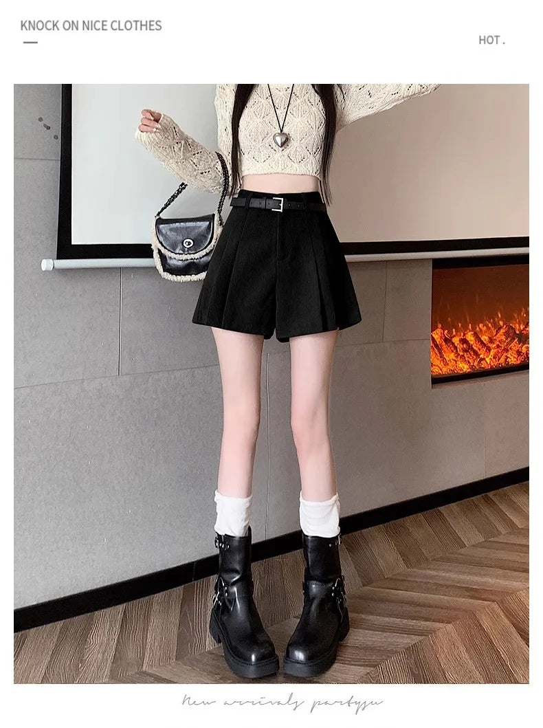 Corduroy Velvet Women Shorts Autumn Winter High Waist Slim Flared Trousers Fashionable Temperament A- crotch Boots