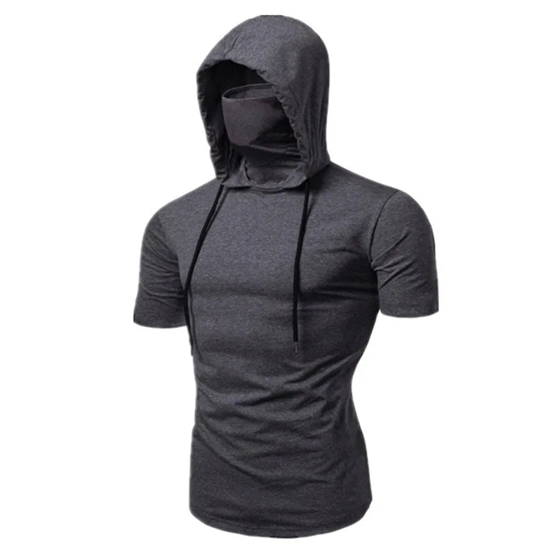 Sweat à capuche fin à manches courtes pour homme avec masque Sweat-shirt décontracté à épissure Grand masque Sweat-shirt à capuche Hauts à capuche Cyclisme